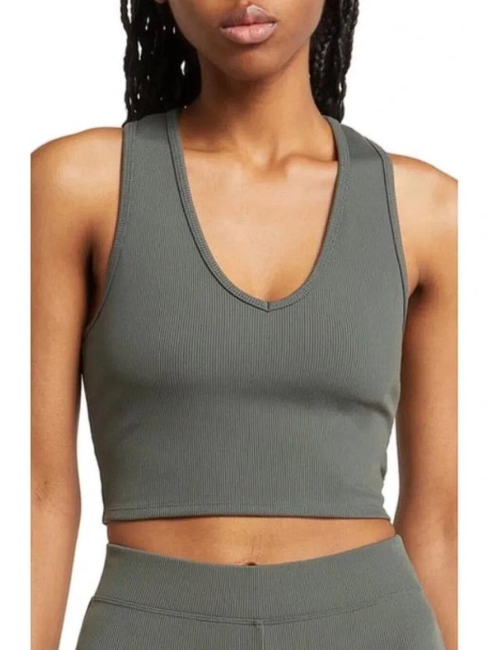 ALO YOGA Women's Goddess Ribbed Cropped Racerback Tank Size M in Dark Cactus